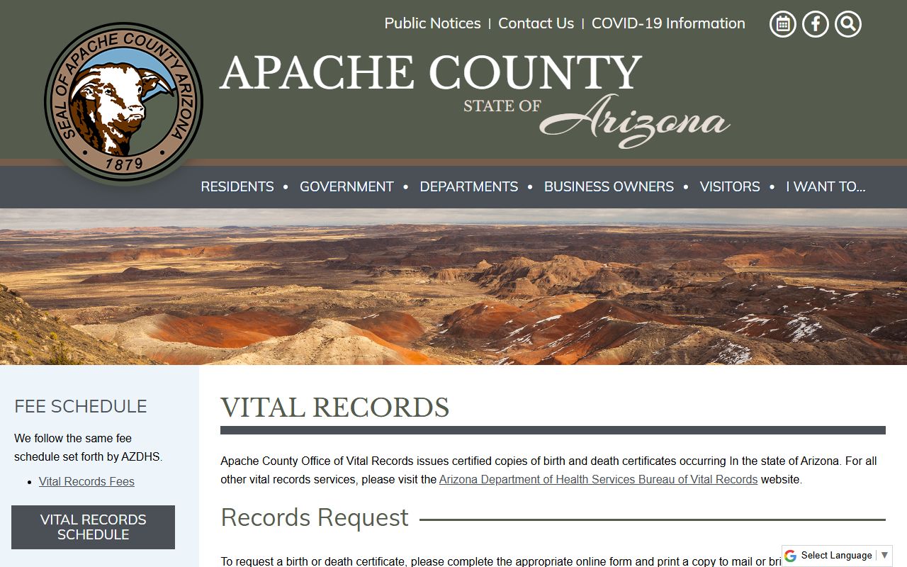 Apache County Office of Vital Records main webpage showing birth certificate information