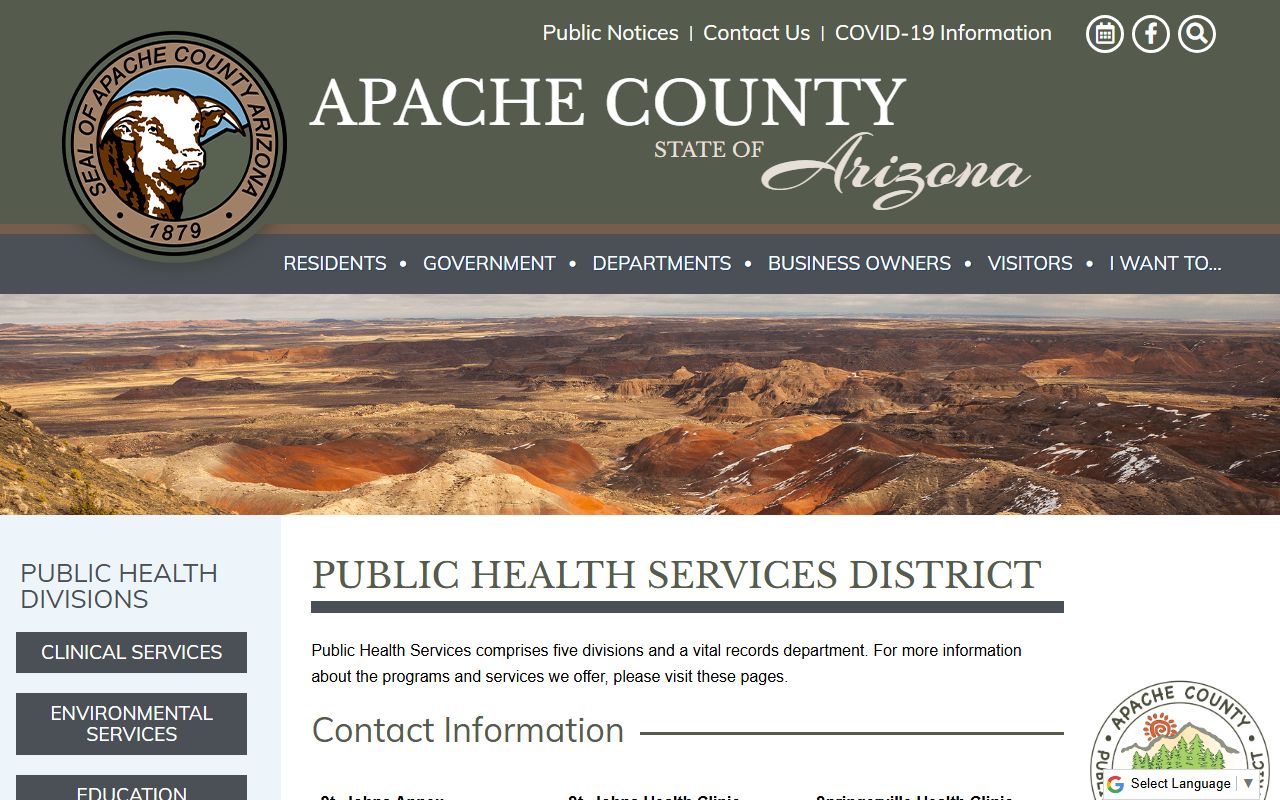 Apache County Public Health Services overview page with vital records information