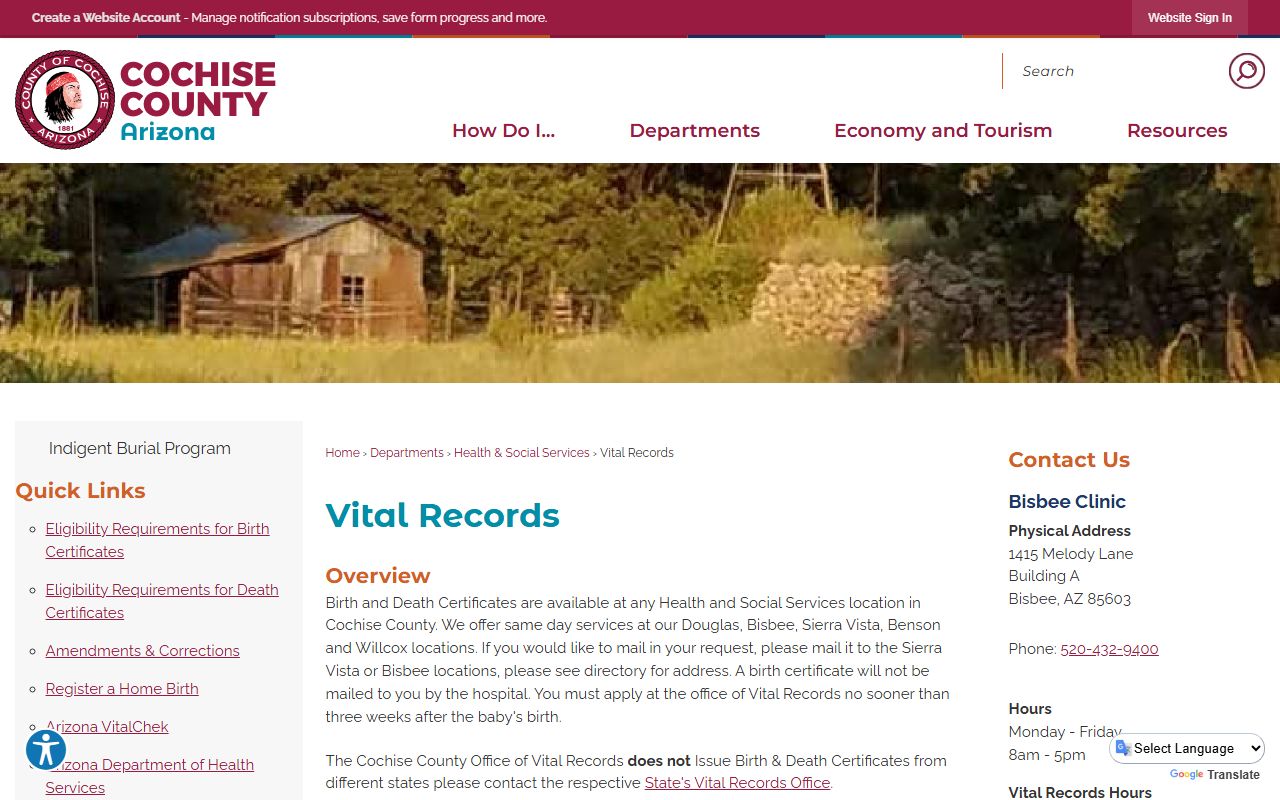 Cochise County Health and Social Services vital records webpage with birth certificate information