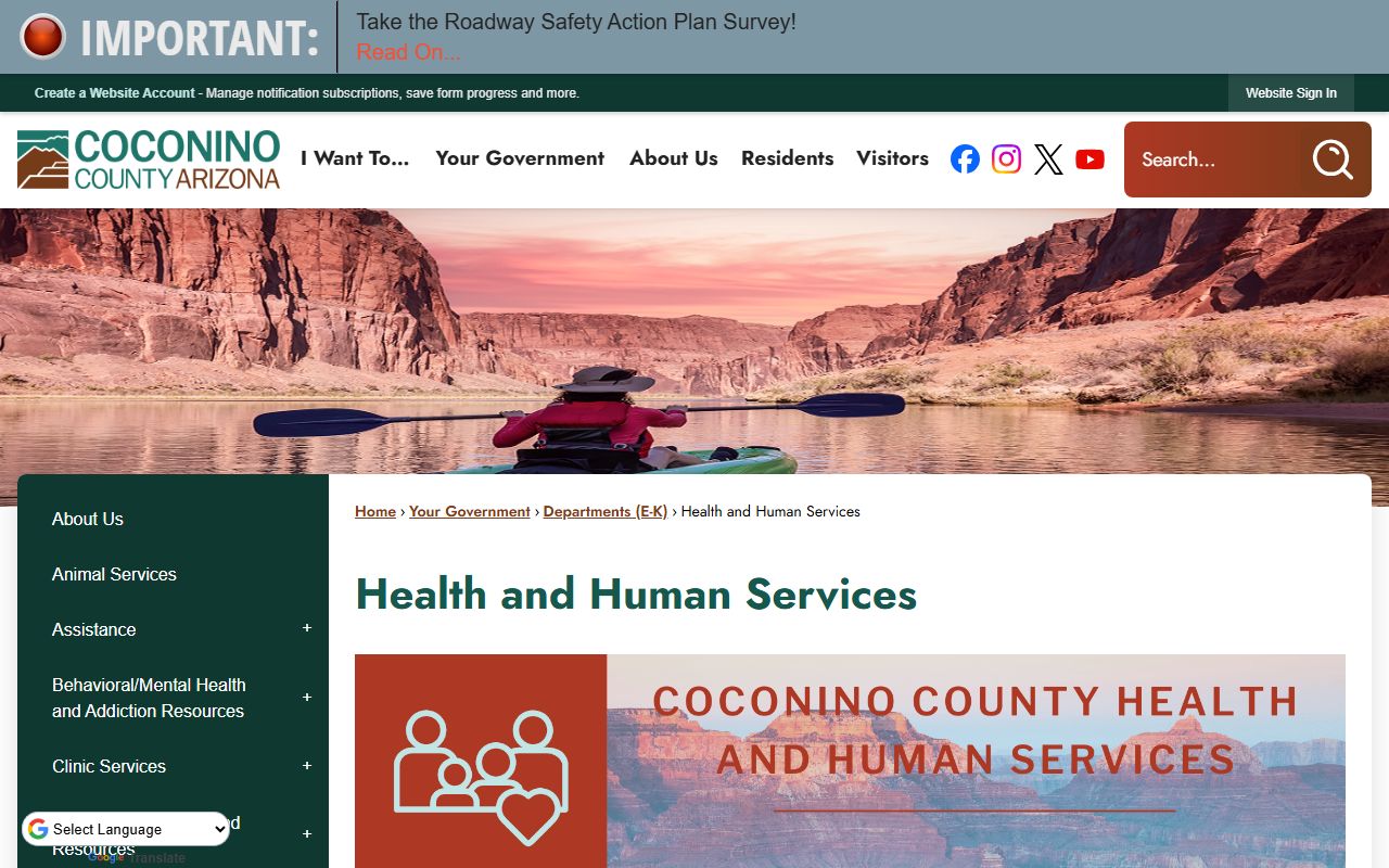 Coconino County Health and Human Services main page with links to vital records and other services