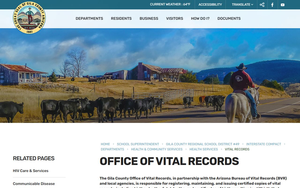 Gila County vital records webpage with birth certificate information