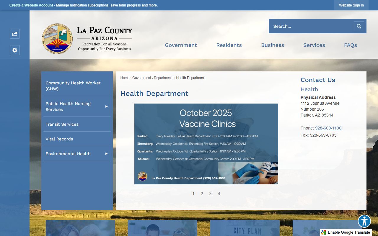 La Paz County Health Department webpage with links to vital records services