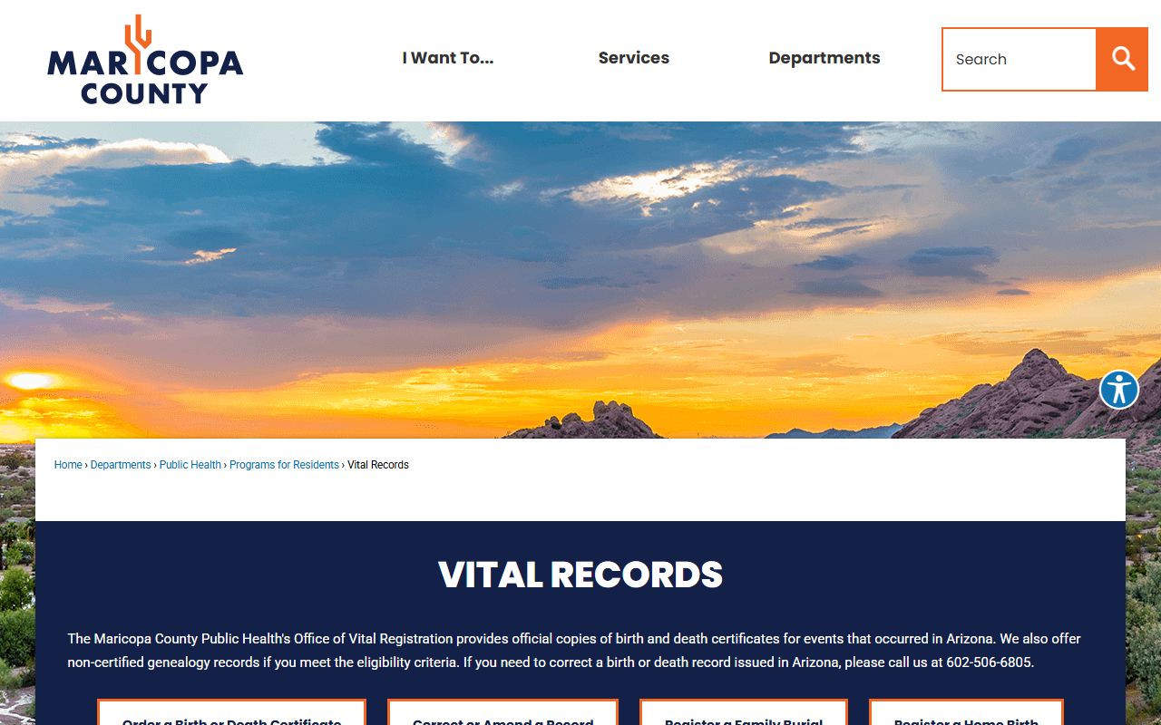 Maricopa County Public Health vital records main page with birth certificate information