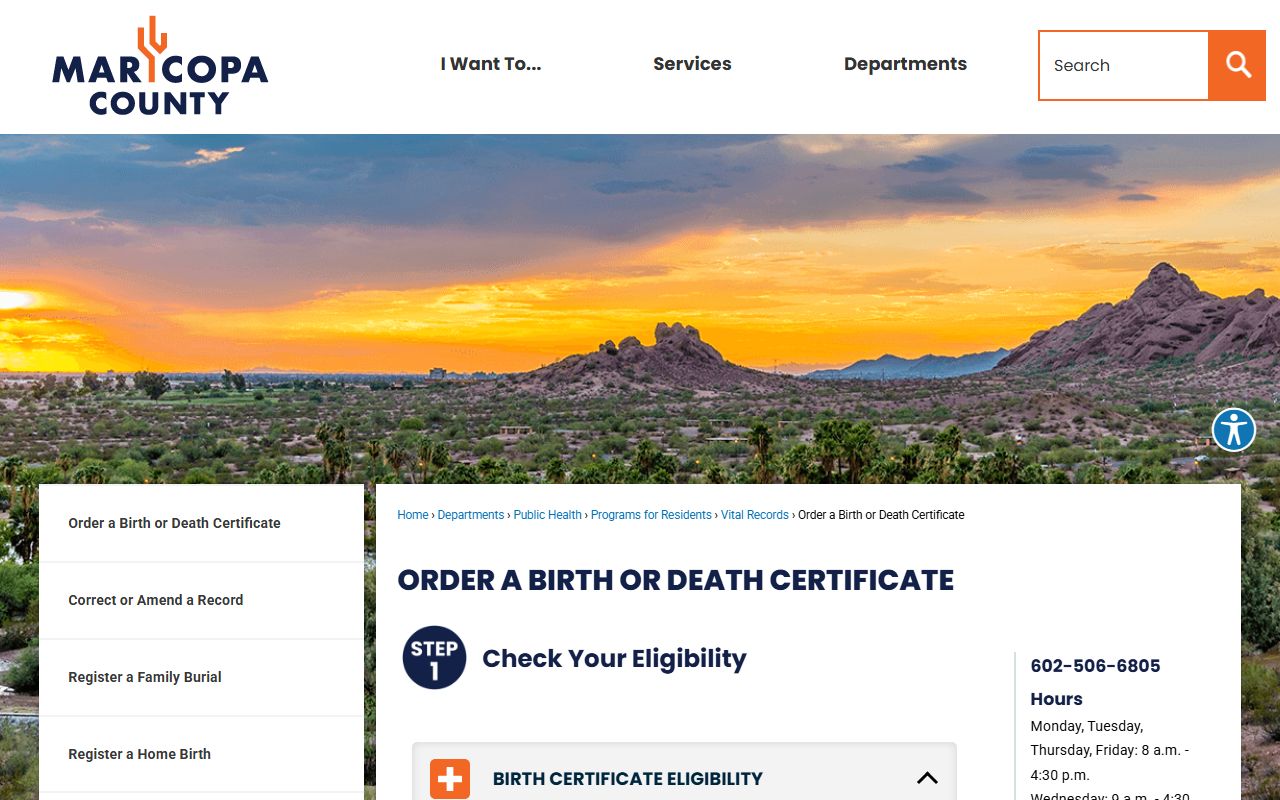 Maricopa County order a birth or death certificate page with instructions