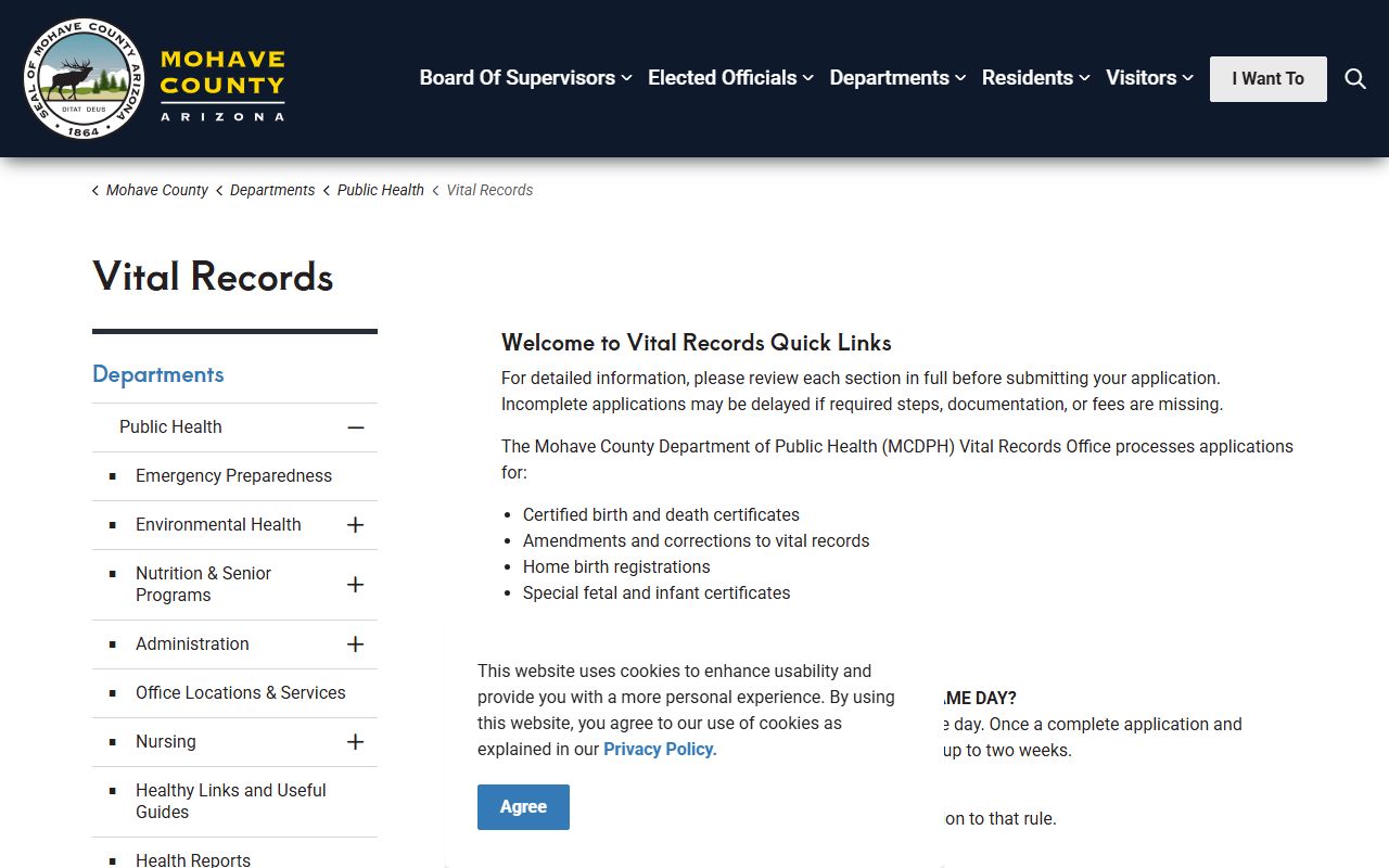 Mohave County Department of Public Health vital records main page