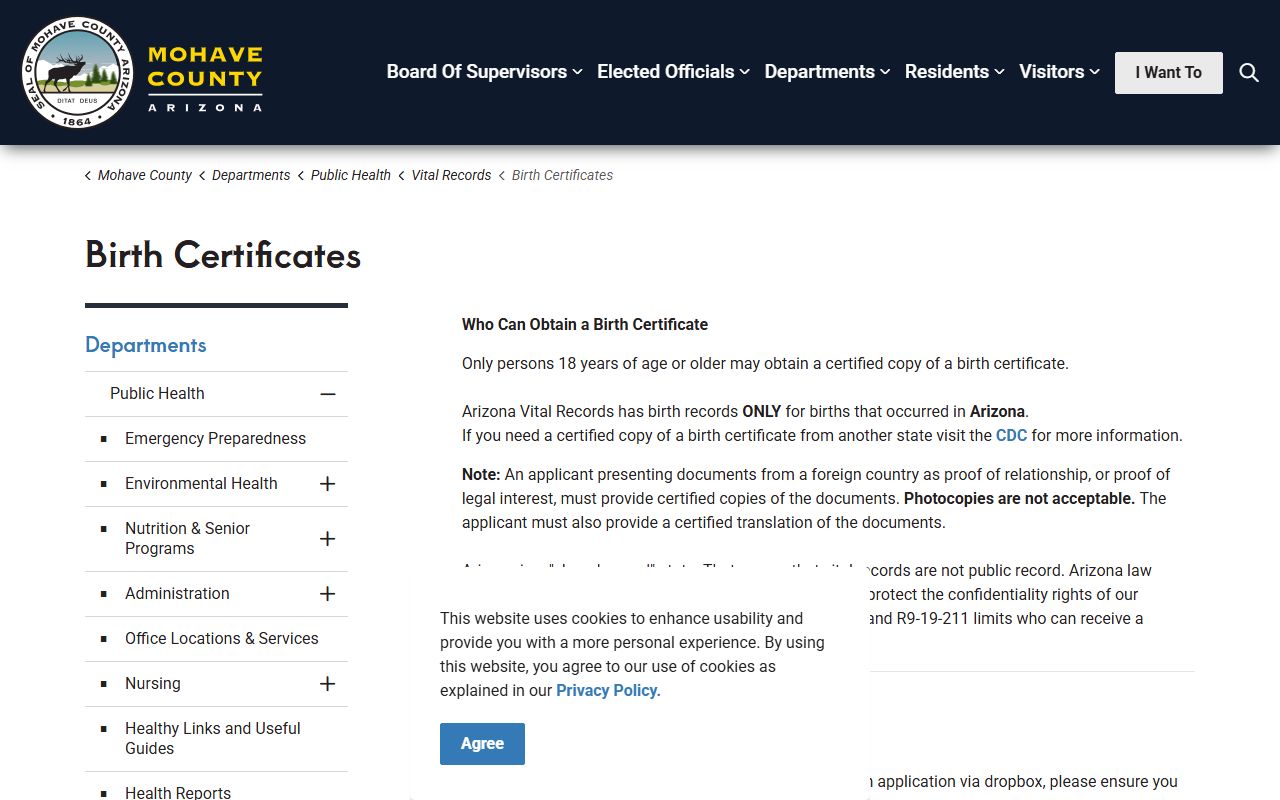 Mohave County birth certificates page with application instructions