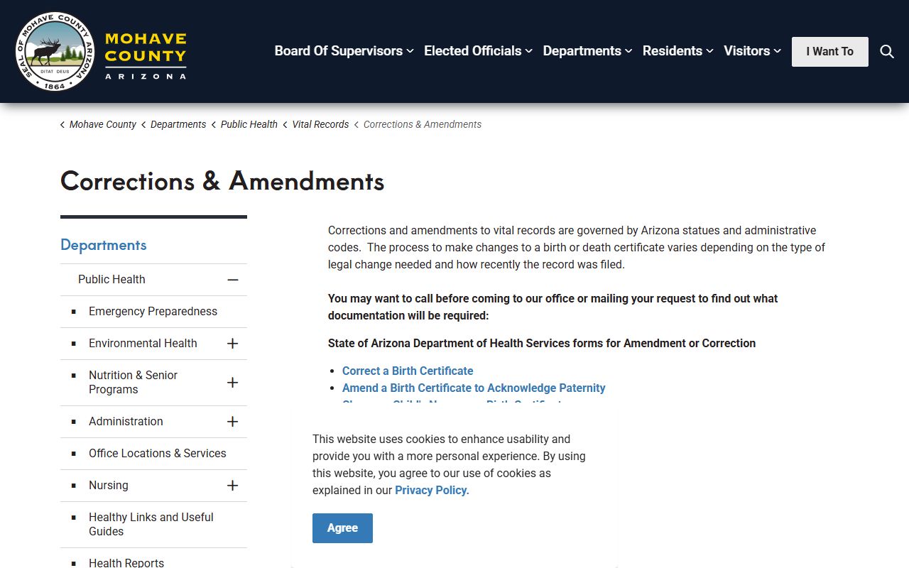 Mohave County vital records corrections and amendments page
