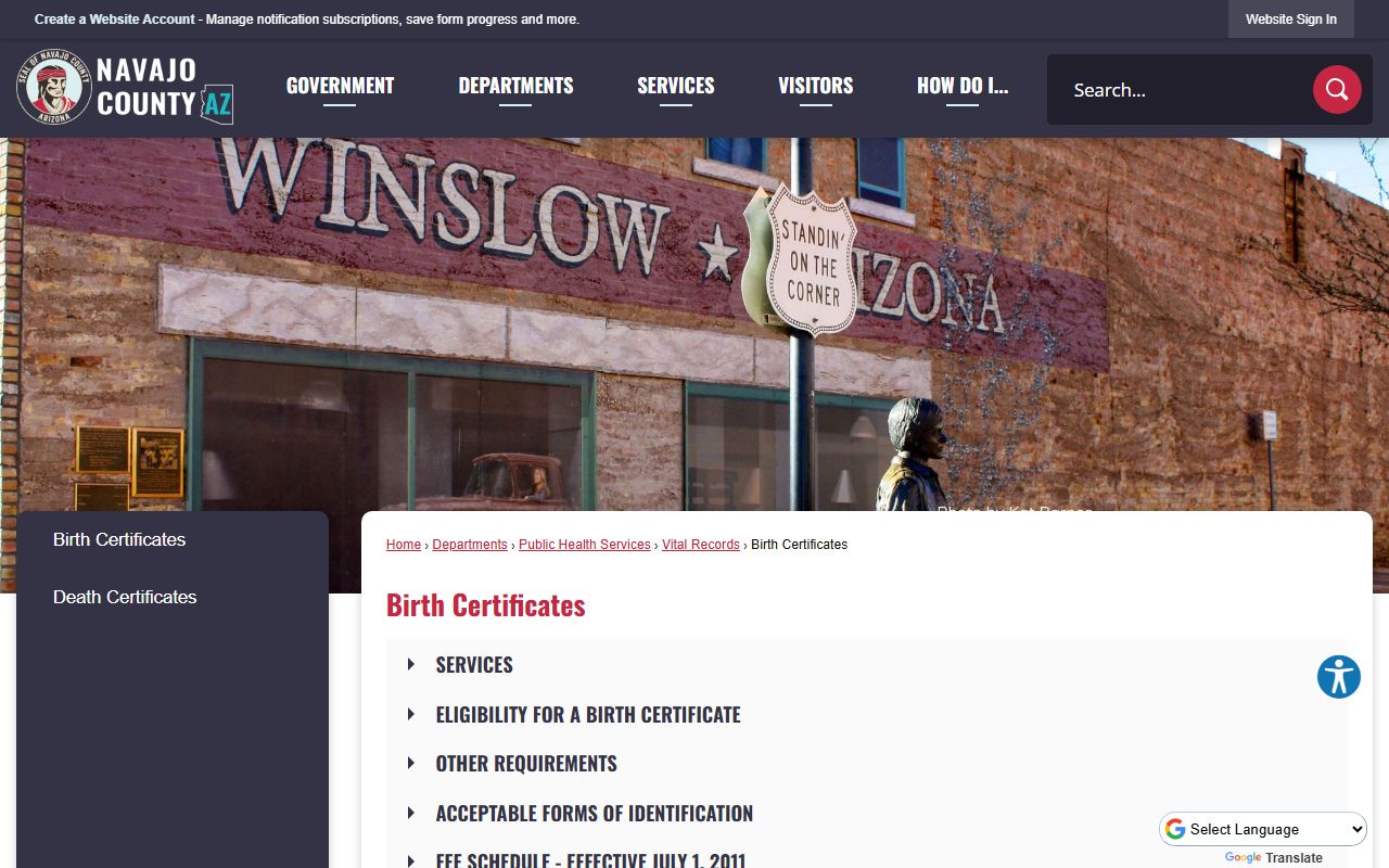 Navajo County birth certificates webpage with application instructions