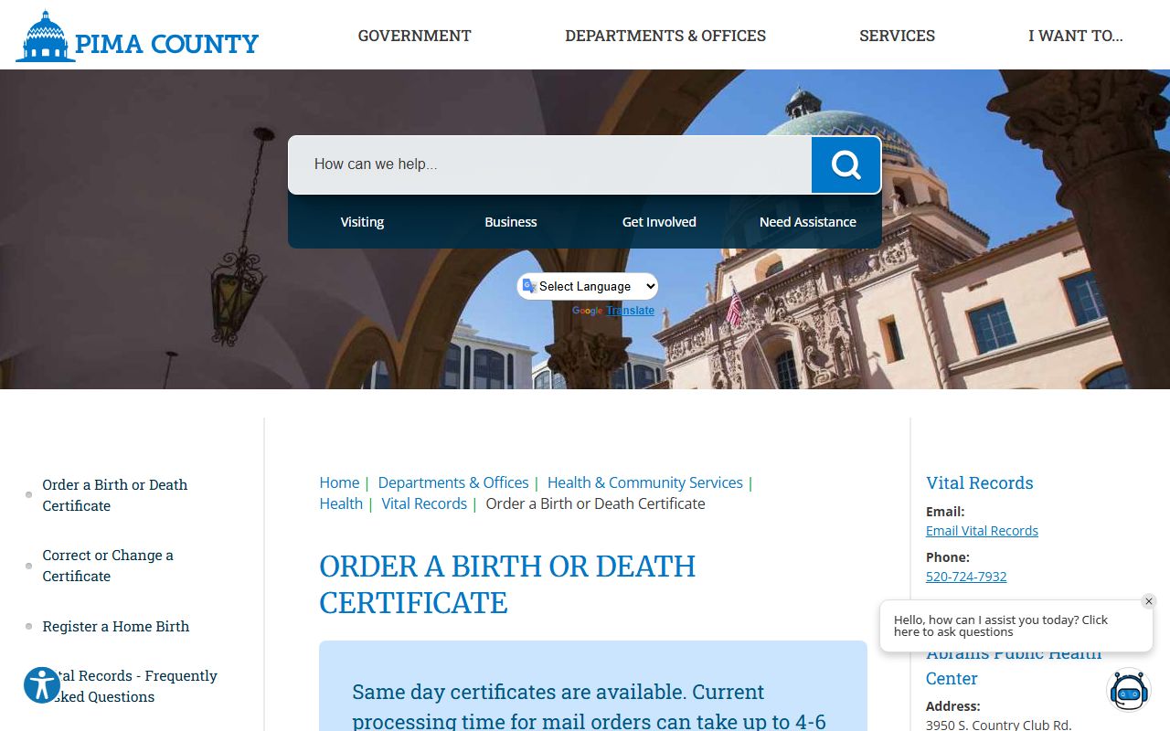 Pima County birth and death certificates vital records overview page