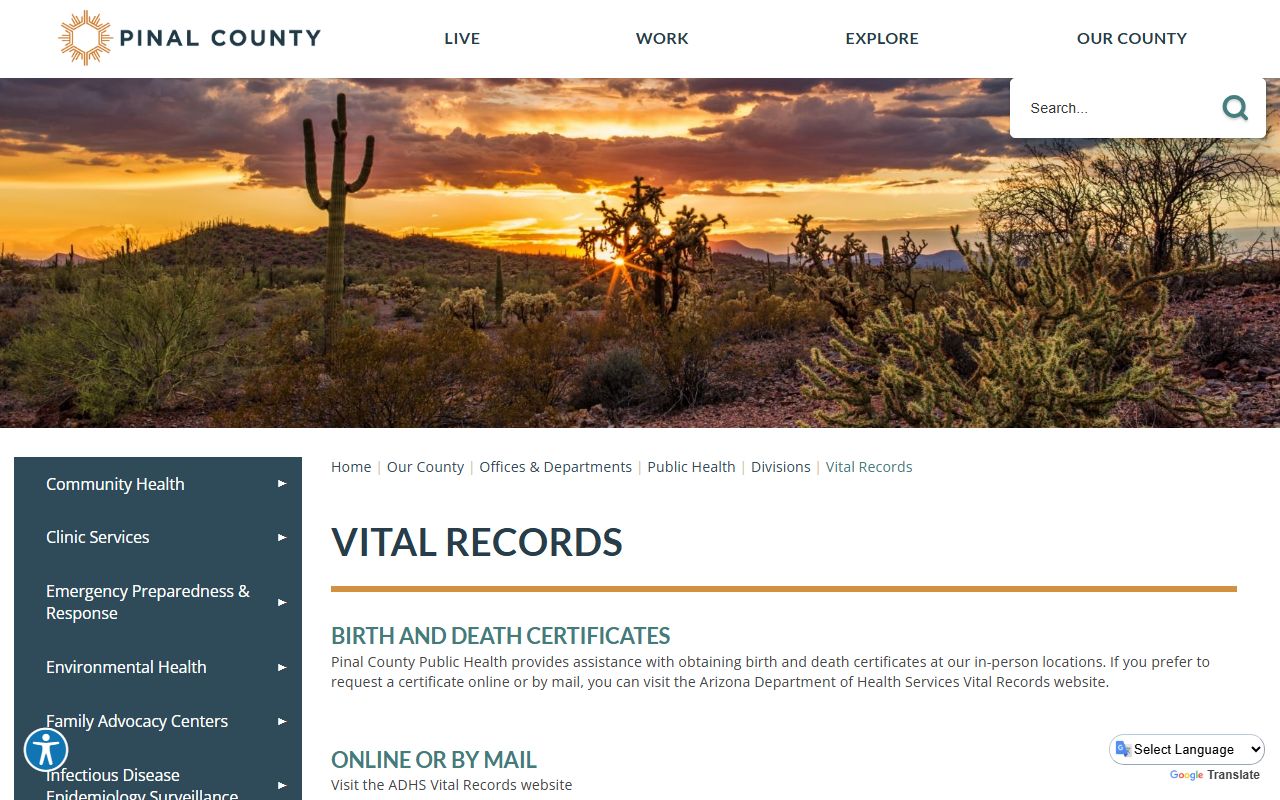 Pinal County Public Health vital records main page with birth certificate information