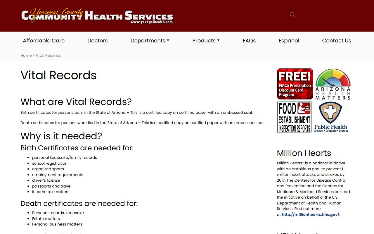 Yavapai County Community Health Services vital records main page