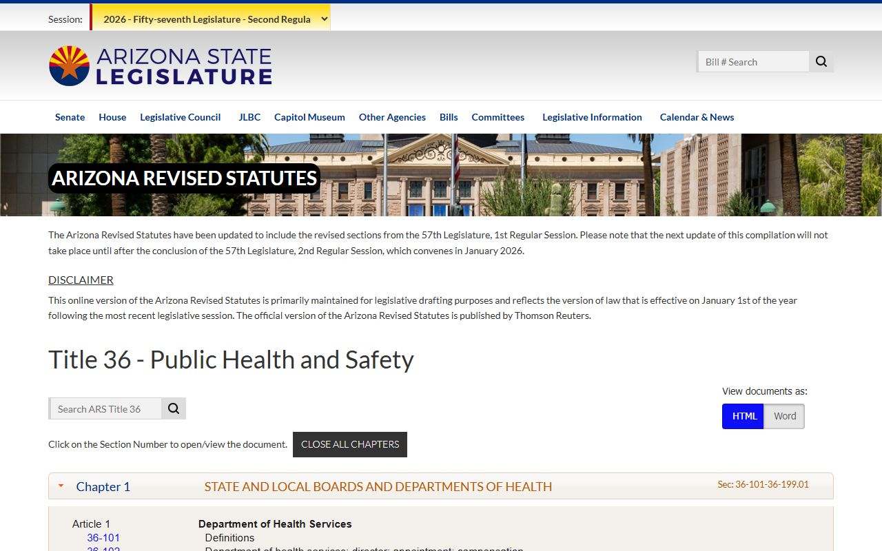 Arizona Revised Statutes Title 36 covering vital records laws