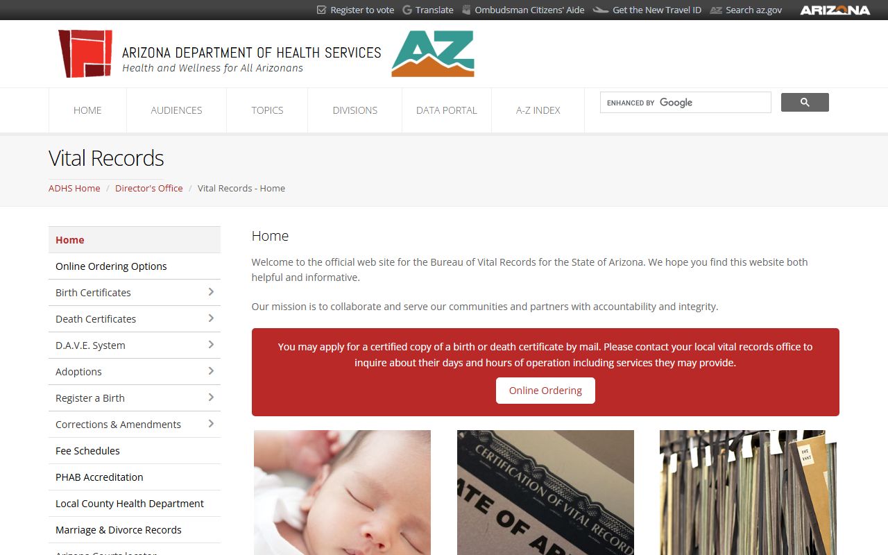 Arizona Department of Health Services Bureau of Vital Records main portal for birth certificates